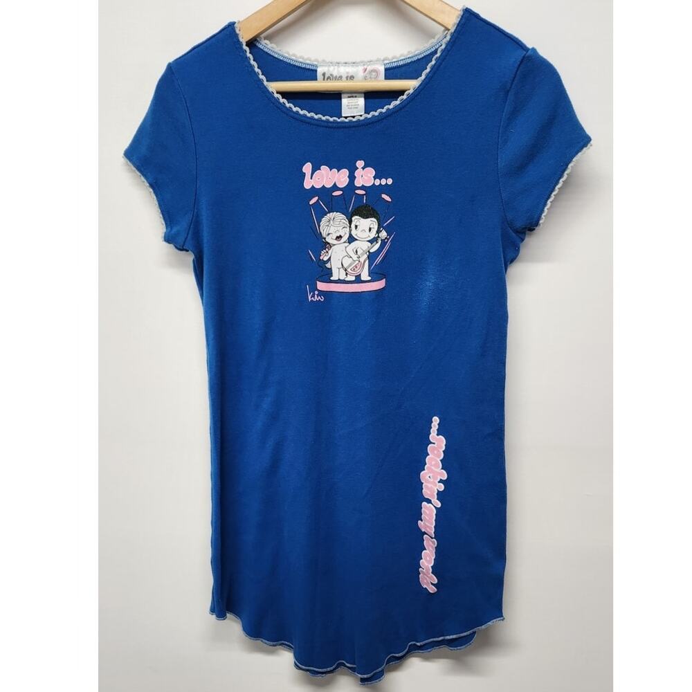 Rare Vintage Kim Casali Love Is Rockin' My World Short Sleeve Blue Tunic, Size M